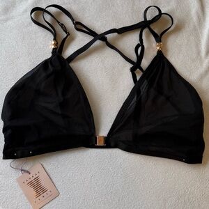 Savage X Fenty Black Sheer Strappy Triangle Bralette with Gold Accents